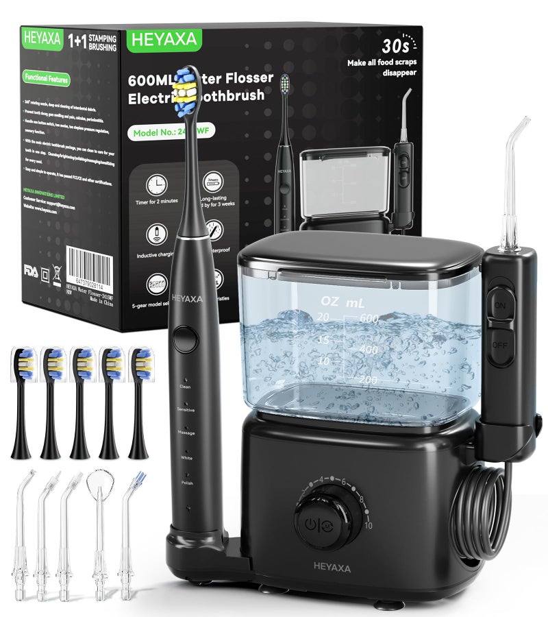 Professional Water Flosser Electric Toothbrush Combo 600ML Home Use Oral Irrigator for 10 Adjustable Water Pressure 2 Cleaning Modes 11 Brushing Flossing for Complete Oral Care Black